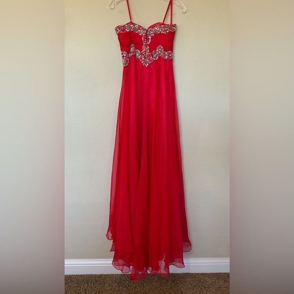 Mac Duggal Strapless Red Gown with Silver Detailing - Picture 7 of 16